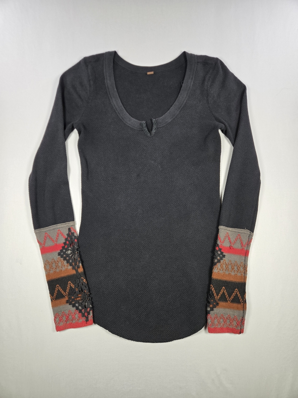 Free People Kombucha Thermal Moto Cuff Henley Top Distressed Boho Faded Black